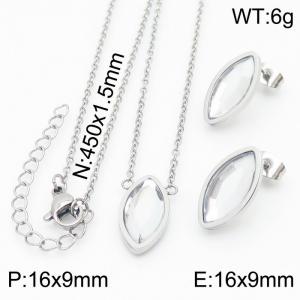 45cm Long Silver Color Stainless Steel Jewelry Sets Oval Crystal Glass Pendant Link Chain Necklace Stud Earrings For Women - KS200528-KFC