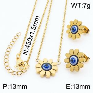 45cm Long Gold Color Stainless Steel Jewelry Sets Sun Flower Devil's Eye Pendant Link Chain Necklace Stud Earrings For Women - KS200530-KFC