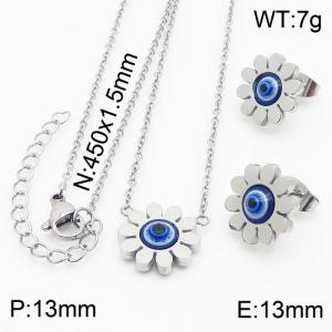 45cm Long Silver Color Stainless Steel Jewelry Sets Sun Flower Devil's Eye Pendant Link Chain Necklace Stud Earrings For Women - KS200532-KFC