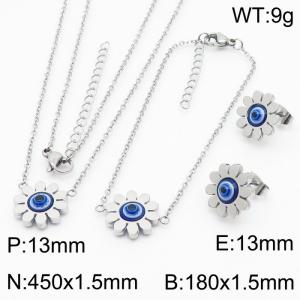 45cm Long Silver Color Stainless Steel Jewelry Sets Sun Flower Devil's Eye Pendant Link Chain Necklace Bracelets Stud Earrings For Women - KS200533-KFC