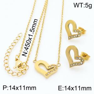 45cm Long Gold Color Stainless Steel Jewelry Sets Love Heart Rhinestone Pendant Link Chain Necklace Stud Earrings For Women - KS200534-KFC