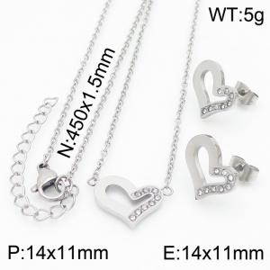 45cm Long Silver Color Stainless Steel Jewelry Sets Love Heart Rhinestone Pendant Link Chain Necklace Stud Earrings For Women - KS200536-KFC