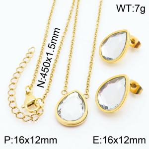 45cm Long Gold Color Stainless Steel Jewelry Sets Water-drop Crystal Glass Pendant Link Chain Necklace Stud Earrings For Women - KS200538-KFC