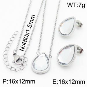 45cm Long Silver Color Stainless Steel Jewelry Sets Water-drop Crystal Glass Pendant Link Chain Necklace Stud Earrings For Women - KS200540-KFC