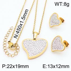 45cm Long Gold Color Stainless Steel Jewelry Sets Love Heart Rhinestone Pendant Link Chain Necklace Stud Earrings For Women - KS200542-KFC