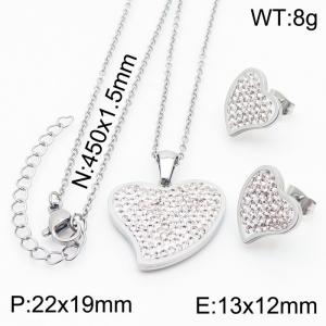 45cm Long Silver Color Stainless Steel Jewelry Sets Love Heart Rhinestone Pendant Link Chain Necklace Stud Earrings For Women - KS200543-KFC