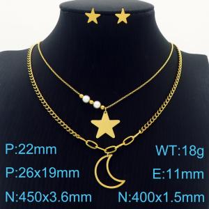 Gold Color Stainless Steel Jewelry Sets Star Moon Imitation Pearl Beads Pendant Double Layer Link Chain Necklace Stud Earrings For Women - KS200544-KFC