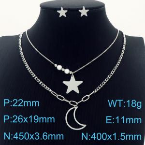 Silver Color Stainless Steel Jewelry Sets Star Moon Imitation Pearl Beads Pendant Double Layer Link Chain Necklace Stud Earrings For Women - KS200545-KFC