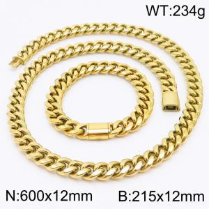 12mm Gold Round Edge Cuban Chain Bracelet Necklace Accessories Set - KS200610-KFC
