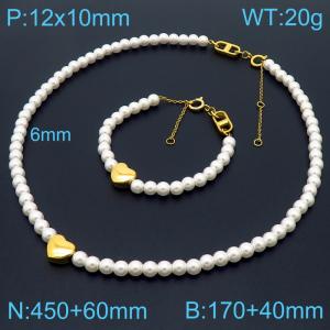 Elegant gold heart  pearl stainless steel set - KS200648-KFC