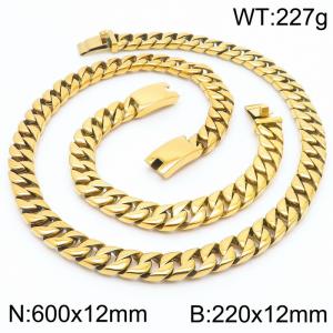 Stainless steel european 600x12mm&220x12mm cuban chain classic clasp strong gold bracelets sets - KS200650-KJX