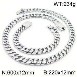 Stainless steel european 600x12mm&220x12mm cuban chain classic clasp strong silver bracelets sets - KS200651-KJX