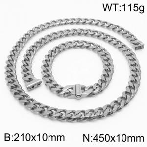Stainless steel 210x10mm&450x10mm cuban chain fashional clasp classic simple silver sets - KS200658-Z-