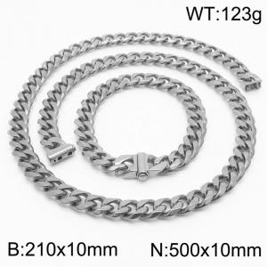 Stainless steel 210x10mm&500x10mm cuban chain fashional clasp classic simple silver sets - KS200659-Z