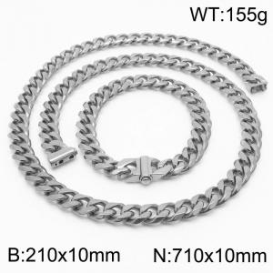 Stainless steel 210x10mm&710x10mm cuban chain fashional clasp classic simple silver sets - KS200663-Z
