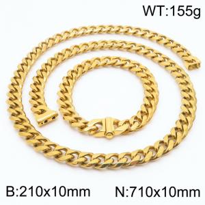 Stainless steel 210x10mm&710x10mm cuban chain fashional clasp classic simple gold sets - KS200670-Z