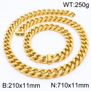 Stainless steel 210x11mm&710x11mm cuban chain fashional clasp classic simple gold sets - KS200684-Z