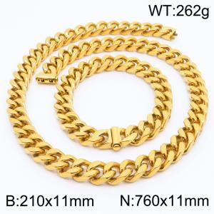 Stainless steel 210x11mm&760x11mm cuban chain fashional clasp classic simple gold sets - KS200685-Z