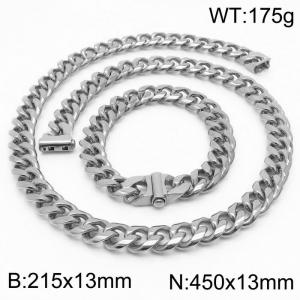 Stainless steel 215x13mm&450x13mm cuban chain fashional clasp classic simple silver sets - KS200686-Z
