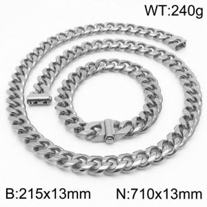 Stainless steel 215x13mm&710x13mm cuban chain fashional clasp classic simple silver sets - KS200691-Z
