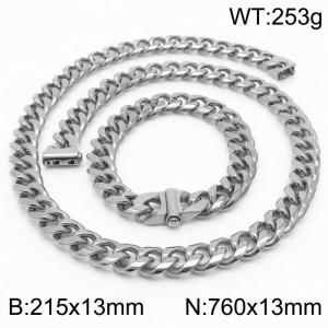 Stainless steel 215x13mm&760x13mm cuban chain fashional clasp classic simple silver sets - KS200692-Z