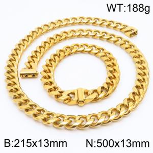 Stainless steel 215x13mm&500x13mm cuban chain fashional clasp classic simple gold sets - KS200694-Z
