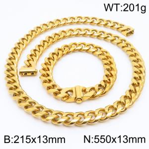 Stainless steel 215x13mm&550x13mm cuban chain fashional clasp classic simple gold sets - KS200695-Z