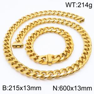 Stainless steel 215x13mm&600x13mm cuban chain fashional clasp classic simple gold sets - KS200696-Z