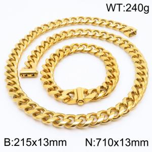 Stainless steel 215x13mm&710x13mm cuban chain fashional clasp classic simple gold sets - KS200698-Z