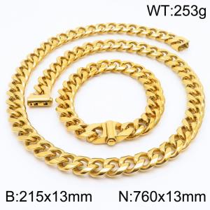 Stainless steel 215x13mm&760x13mm cuban chain fashional clasp classic simple gold sets - KS200699-Z