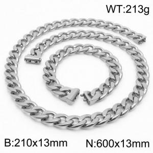 Stainless steel 210x13mm&600x13mm cuban chain fashional clasp classic simple style steel sets - KS200703-Z