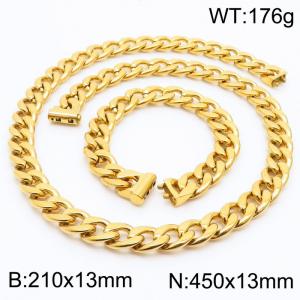 Stainless steel 210x13mm&450x13mm cuban chain fashional clasp classic simple style gold sets - KS200707-Z