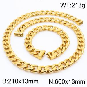 Stainless steel 210x13mm&600x13mm cuban chain fashional clasp classic simple style gold sets - KS200710-Z