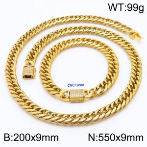 Stainless steel 200x9mm Necklace 550x9mm cuban chain Bracelet with CNC  Stone clasp Gold Plated Sets - KS200737-Z
