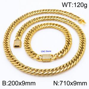 Stainless steel 200x9mm Necklace 710x9mm cuban chain Bracelet with CNC  Stone clasp Gold Plated Sets - KS200740-Z