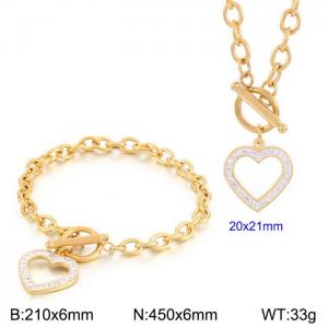 European and American fashion simple stainless steel OT button diamond heart bracelet necklace two-piece set - KS200912-Z