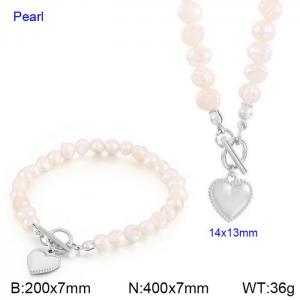 European and American fashion simple stainless steel OT buckle heart bracelet necklace two-piece set - KS200917-Z