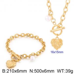 Japan and South Korea fashion stainless steel blade chain OT buckle heart pendant bracelet necklace two-piece set - KS200932-Z