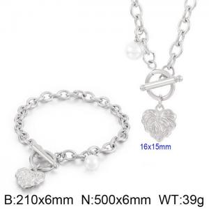 Japan and South Korea fashion stainless steel blade chain OT buckle heart pendant bracelet necklace two-piece set - KS200933-Z