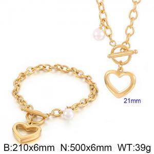 Japan and South Korea fashion stainless steel blade chain OT buckle heart pendant bracelet necklace two-piece set - KS200934-Z