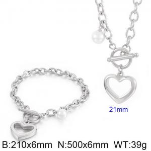 Japan and South Korea fashion stainless steel blade chain OT buckle heart pendant bracelet necklace two-piece set - KS200935-Z