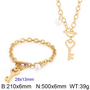 Japan and South Korea fashion stainless steel blade chain OT buckle heart pendant bracelet necklace two-piece set - KS200936-Z