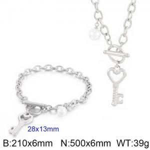 Japan and South Korea fashion stainless steel blade chain OT buckle heart pendant bracelet necklace two-piece set - KS200937-Z