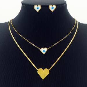 Gold eyes heart pendant two chain ear studs - KS201099-HDJ