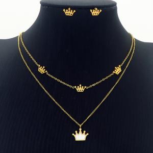 Gold Crown Pendant with two chain earrings - KS201100-HDJ