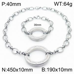 Silver Color Stainless Steel Circle Rhinestone Link Chain Necklace & Bracelets Jewelry Sets - KS201142-Z