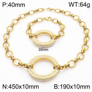 Gold Color Stainless Steel Circle Rhinestone Link Chain Necklace & Bracelets Jewelry Sets - KS201143-Z
