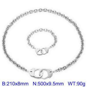 Silver Color O Link Chain Stainless Steel Handcuff Lock Necklace Bracelets Jewelry Sets - KS201144-Z