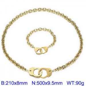 Gold Color O Link Chain Stainless Steel Handcuff Lock Necklace Bracelets Jewelry Sets - KS201145-Z