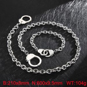 Silver Color O Link Chain Stainless Steel Handcuff Lock Necklace Bracelets Jewelry Sets - KS201146-Z